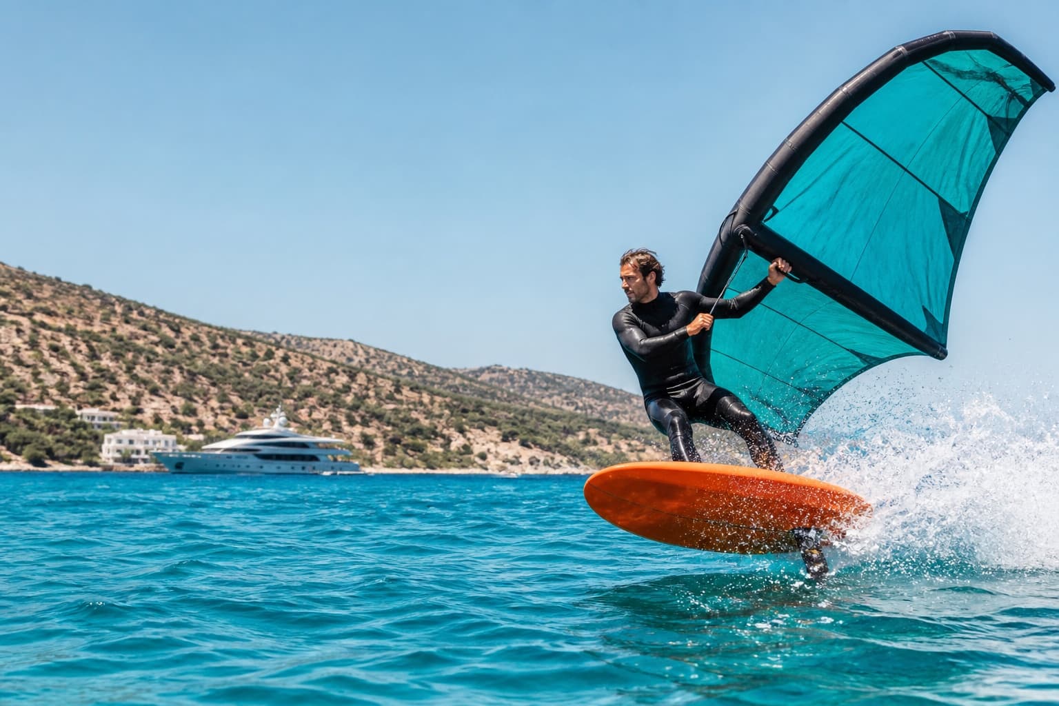 Wing foiling with spray on bright Aegean water off the Greek coast